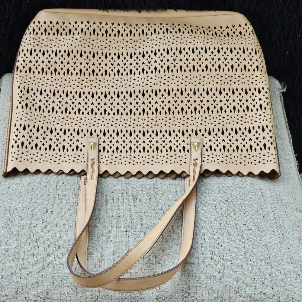 Stella & Dot Women Hand Bag Tan Faux Leather Vegan Large Tote Bag Avalon Bag
